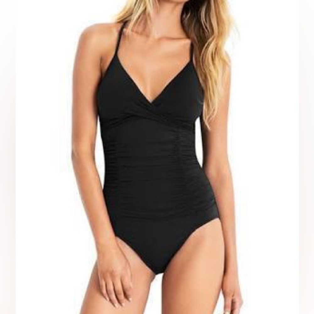 Seafolly Gathered Wrap Front Maillot One Piece Swimsuit in Black Size 8 Beach